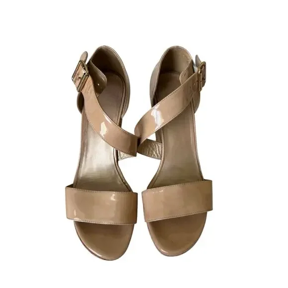 Stuart Weitzman Nude Patent Leather Cork Wedge Platform Sandals 9M Made in Spain - Picture 5 of 12